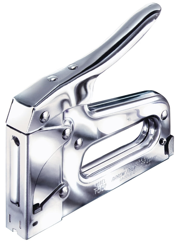 Arrow T50 Staple Gun, T50 Staple, 3/8 in W Crown, 1/4 to 9/16 in L Leg, Steel Staple