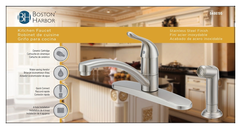 Boston Harbor 67534-1004 Kitchen Faucet, 1.8 gpm, 1-Faucet Handle, 4-Faucet Hole, Metal/Plastic, Brushed Nickel