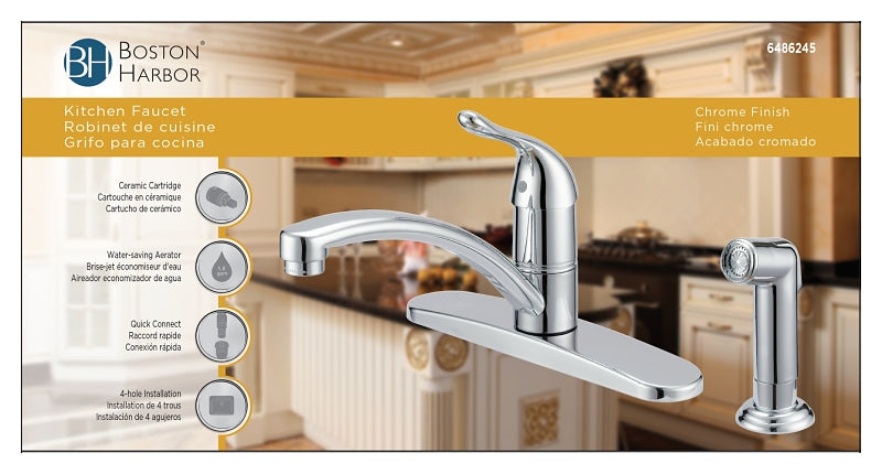 Boston Harbor 67534-1001 Kitchen Faucet, 1.8 gpm, 1-Faucet Handle, 4-Faucet Hole, Metal/Plastic, Chrome Plated