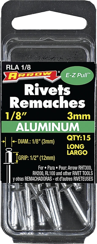 Arrow RLA1/8 Pop Rivet, Long, 1/2 in Grip, 1/2 in L, Aluminum, 15/PK