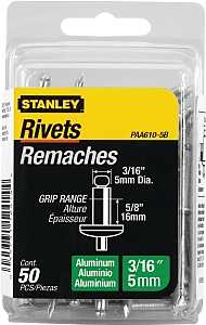 STANLEY PAA610-5B Pop Rivet, Reusable, 5/8 in Grip, 3/16, Aluminum, 50/PK