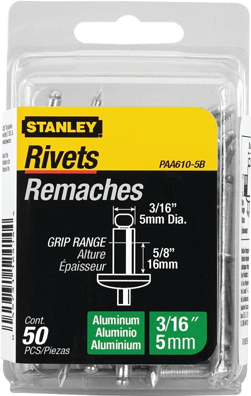 STANLEY PAA610-5B Pop Rivet, Reusable, 5/8 in Grip, 3/16, Aluminum, 50/PK
