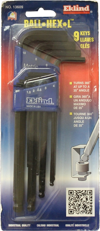 Eklind Hex-L 13609 Ball End Hex Key Set with Holder, 9-Piece, Alloy Steel, Black
