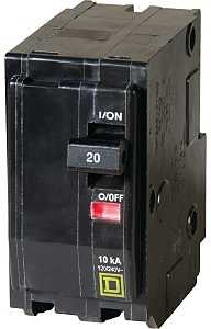 Square D QO QO220C Circuit Breaker, Mini, 20 A, 2-Pole, 120/240 VAC, 48 VDC, Black, Plug