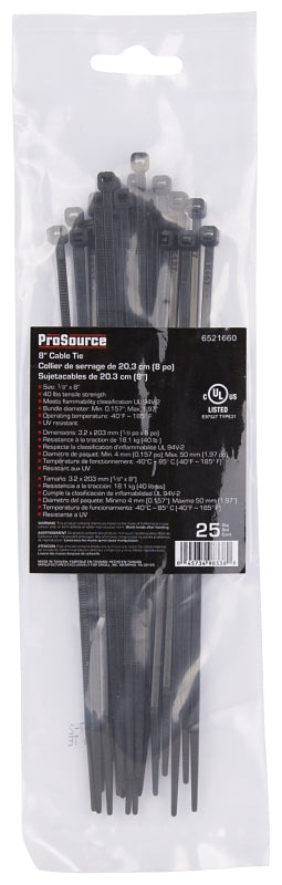 ProSource CV200SW-253L Cable Tie, 8 inches, 40lb Tensile Strength, Self-Lock Locking, Nylon, Black
