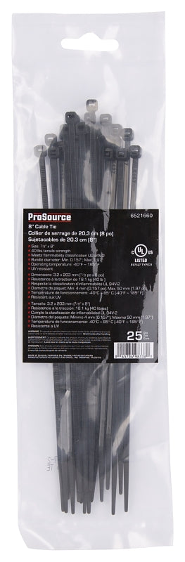 ProSource CV200SW-253L Cable Tie, 8 inches, 40lb Tensile Strength, Self-Lock Locking, Nylon, Black