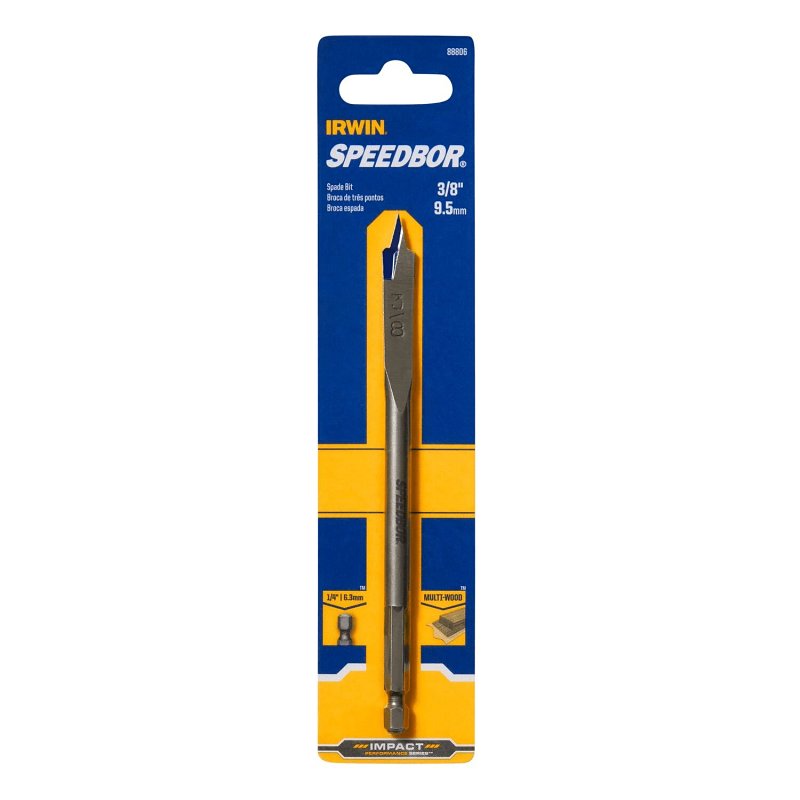 Irwin SPEEDBOR 88806 Spade Drill Bit, 3/8 in Dia, 6 in OAL, Standard Length, Flat Flute, 1/4 in Dia Shank, Hex Shank