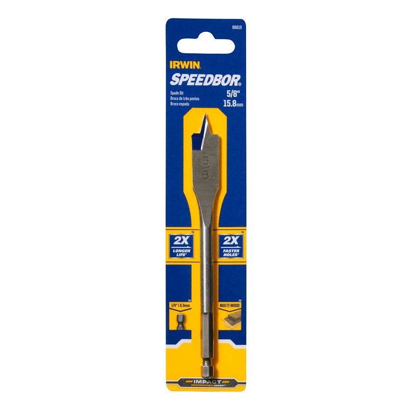 Irwin SPEEDBOR 88810 Spade Drill Bit, 5/8 in Dia, 6 in OAL, Standard Length, Flat Flute, 1/4 in Dia Shank, Hex Shank