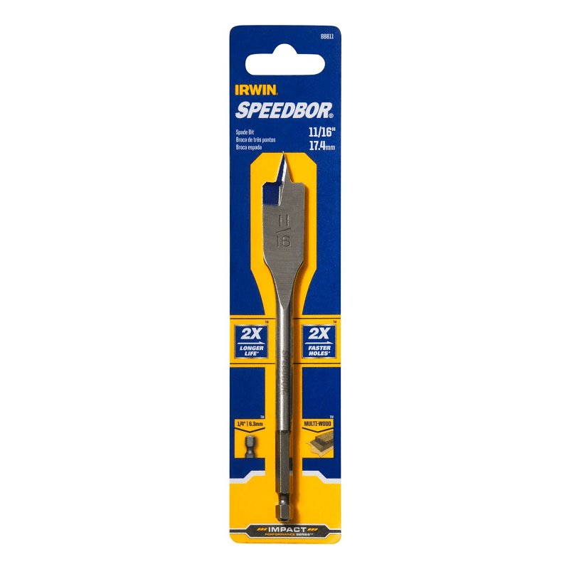 Irwin SPEEDBOR 88811 Spade Drill Bit, 11/16 in Dia, 6 in OAL, Standard Length, Flat Flute, 1/4 in Dia Shank, Hex Shank