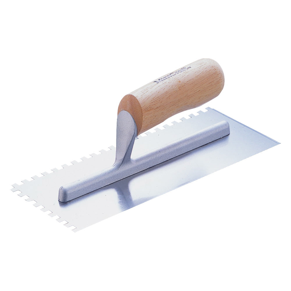 Vulcan 16110 Trowel, 4-1/2 in W Blade, Notched Blade, HCS Blade, Wood Handle, Camel Back Handle, 11 in OAL, Silver