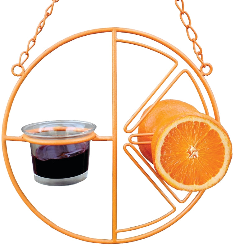 Heath CF-133 Clementine Bird Feeder, 2 oz, Grape Jelly, Mealworms, Nectar, Orange Halves, 4-Port/Perch, Steel, Orange