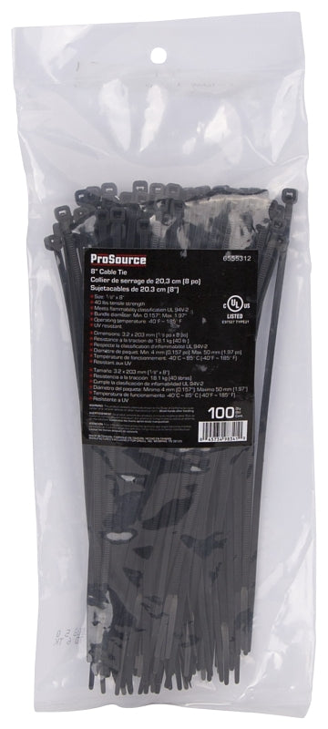 ProSource CV200SW-1003L Cable Tie, 8 inches, 50lb Tensile Strength, Self-Lock Locking, Nylon, Black