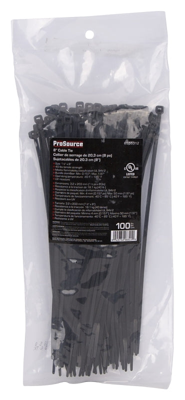 ProSource CV200SW-1003L Cable Tie, 8 inches, 50lb Tensile Strength, Self-Lock Locking, Nylon, Black