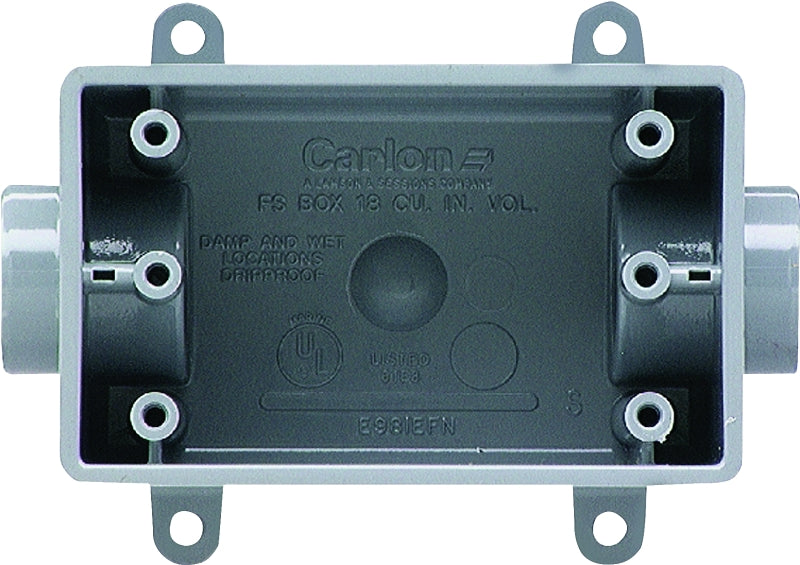 Carlon E981DFN-CTN Switch Box, 1-Gang, 2-Outlet, 1/2 in Hub, PVC, Gray