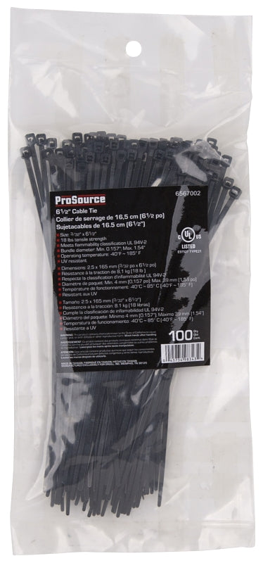 ProSource CV165W-1003L Cable Tie, 6-1/2 inches, 18lb Tensile Strength, Self-Lock Locking, Nylon, Black