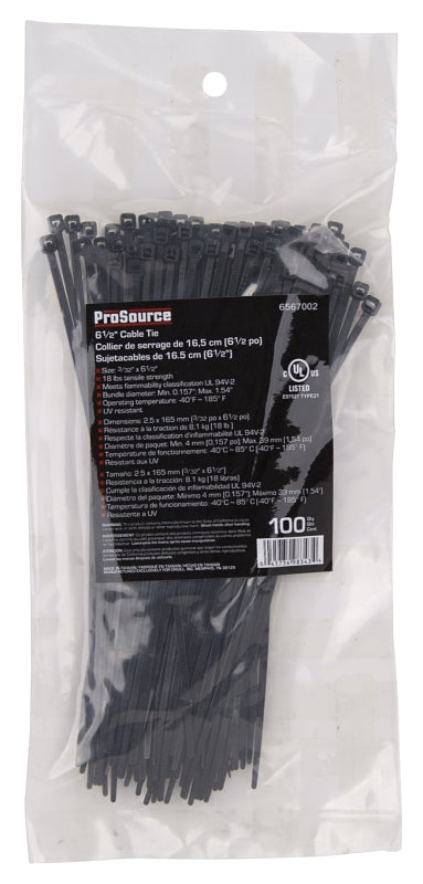 ProSource CV165W-1003L Cable Tie, 6-1/2 inches, 18lb Tensile Strength, Self-Lock Locking, Nylon, Black
