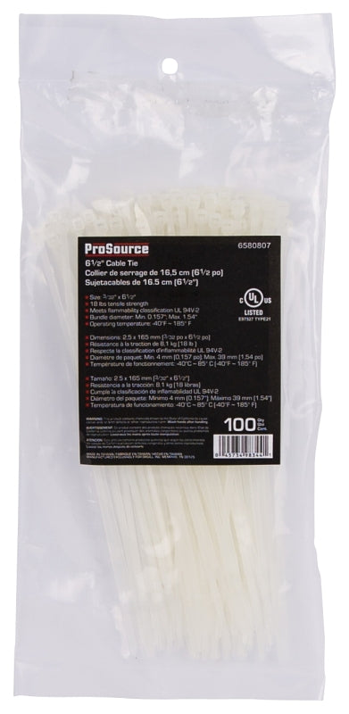 ProSource CV165-1003L Cable Tie, 6-1/2 inches, 18lb Tensile Strength, Self-Lock Locking, Nylon, Clear