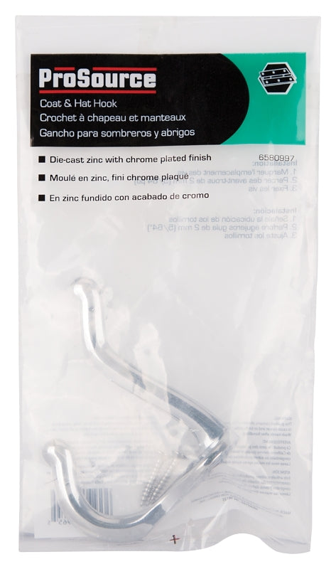 ProSource H62-B072 Coat and Hat Hook, 20 lb, 2-Hook, 1 in Opening, Zinc, Chrome