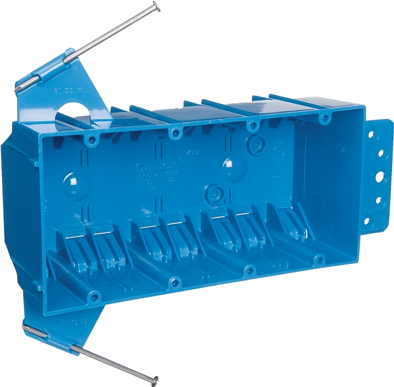Carlon B455A-UPC Outlet Box, 4-Gang, PVC, Blue, Bracket
