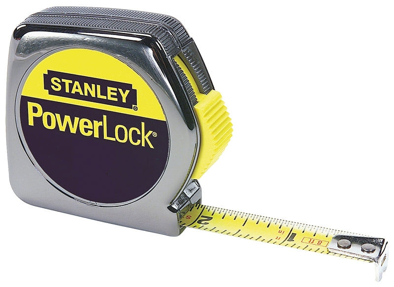 STANLEY PowerLock 33-212 Tape Measure, 12 ft L Blade, 1/2 in W Blade, Steel Blade, Chrome Plated ABS Plastic Case