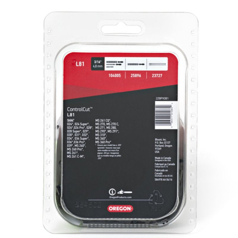 Oregon L81 Chainsaw Chain, 20 in L Bar, 0.63 in, 0.325 in TPI/Pitch, 81-Link
