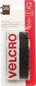 VELCRO Brand 90075 Hook and Loop Fastener, 3/4 in W, 3-1/2 in L, Nylon, Black, Rubber Adhesive