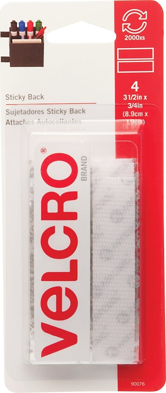 VELCRO Brand 90076 Hook and Loop Fastener, 3/4 in W, 3-1/2 in L, Nylon, White, Rubber Adhesive