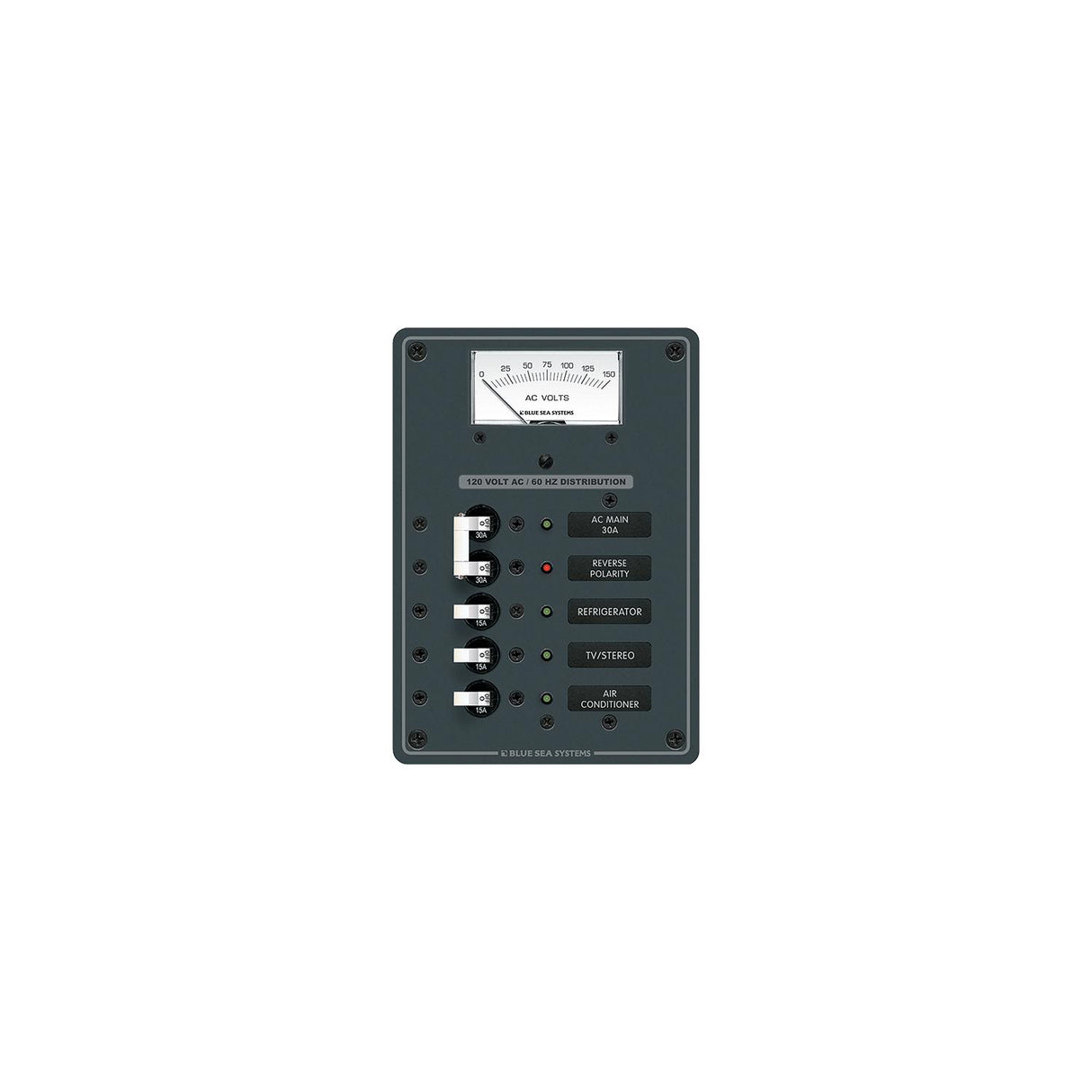 Blue Sea Systems 8043 Traditional Metal Circuit Breaker Panel - AC Main + 3 Positions, AC Voltmeter