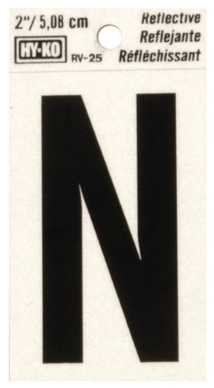 Hy-Ko RV-25/N Reflective Letter, 1-1/2 in W x 3 in H Dimensions, Character: N, 2 in H Character, Black Character, Vinyl, Pack of 10