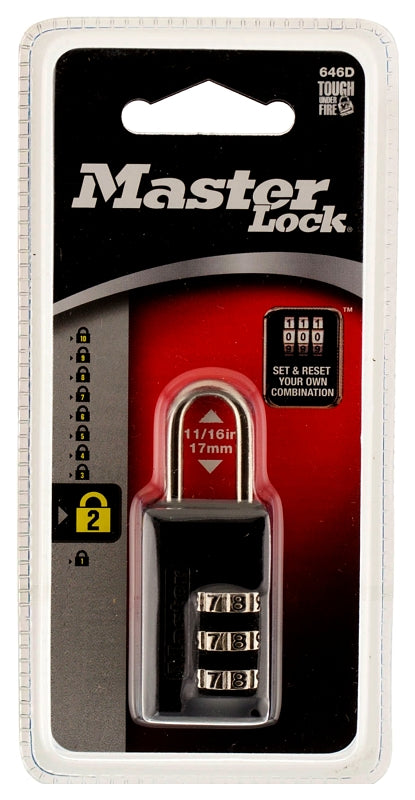 Master Lock 646D Padlock, Resettable Combination Key, 1/8 in Dia Shackle, 11/16 in H Shackle, Steel Shackle, Zinc Body