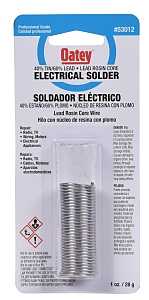Oatey 53012 Rosin Core Wire Solder, 1 oz Carded, Solid, Silver, 361 to 460 deg F Melting Point