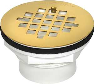 Oatey 42078 Shower Drain with Polished Brass Strainer, PVC, White, For: 2 in SCH 40 DWV Pipes
