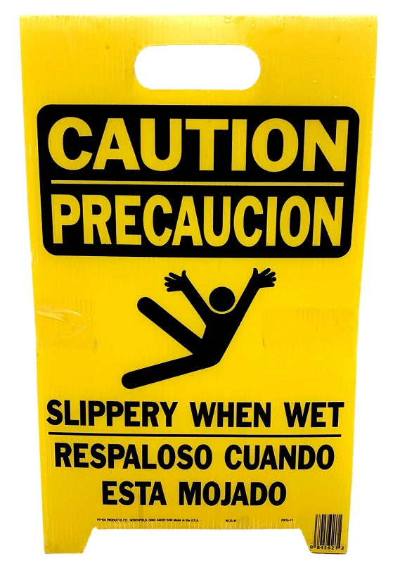 Hy-Ko PFS-11 Wet Floor Sign, 12-1/4 in W, Plastic Sign, Yellow Background, CAUTION SLIPPERY WHEN WET, English, Spanish