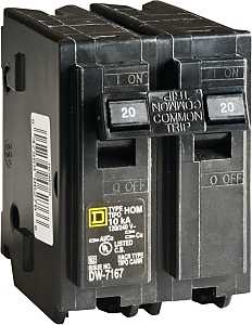 Square D Homeline HOM220CP Circuit Breaker, Mini, 20 A, 2 -Pole, 120/240 V, Fixed Trip, Plug Mounting, Black