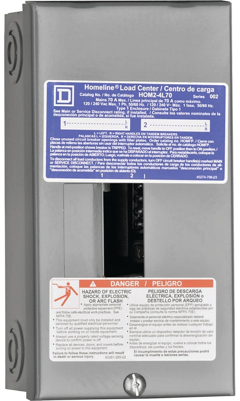 Square D Homeline HOM24L70SCP Load Center, 70 A, 2-Space, 4-Circuit, Main Lug, NEMA 1 Enclosure, Gray, Plug