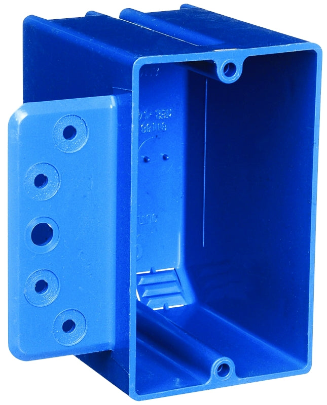 Carlon B118B-UPC Outlet Box with Bracket, 1-Gang, 4-Knockout, PVC, Blue, Bracket, Stud