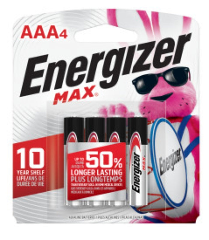 Energizer E92BP-4 Battery, 1.5 V Battery, 1250 mAh, AAA Battery, Alkaline, Manganese Dioxide, Zinc, 4/PK