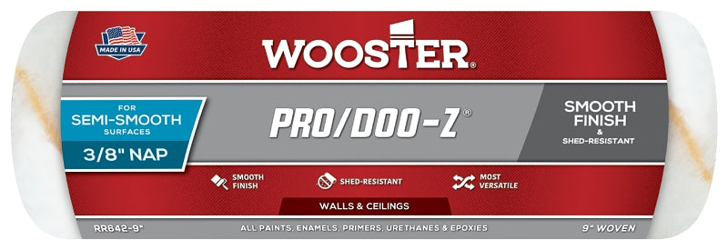 Wooster Pro/Doo-Z RR642-9 Roller Cover, 3/8 in Thick Nap, 9 in L, Fabric Cover, White