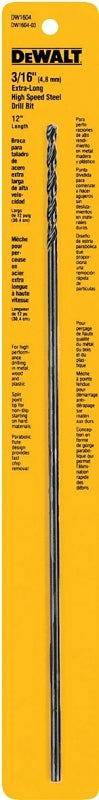 DEWALT DW1604 Drill Bit, 3/16 in Dia, 12 in OAL, Extended Length, Parabolic Flute, 3/16 in Dia Shank