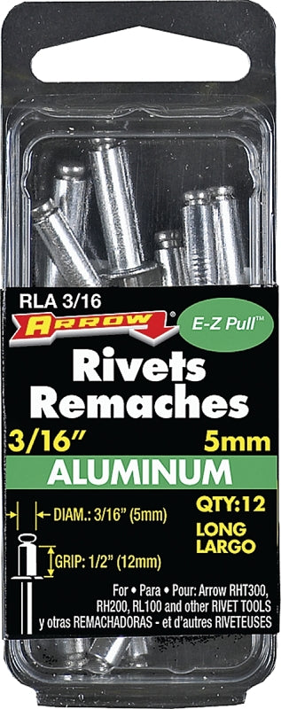 Arrow RLA3/16 Pop Rivet, Long, 1/2 in Grip, 1/2 in L, Aluminum, Silver, 12/PK