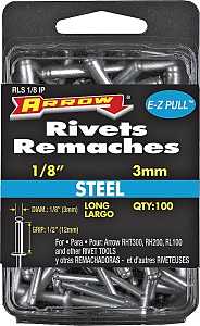Arrow RLS1/8IP Pop Rivet, Long, 1/2 in Grip, 1/2 in L, Steel, 100/PK