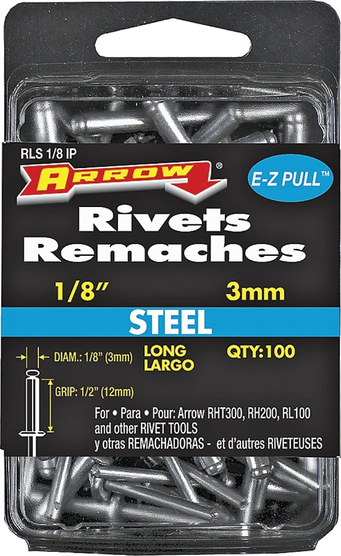 Arrow RLS1/8IP Pop Rivet, Long, 1/2 in Grip, 1/2 in L, Steel, 100/PK