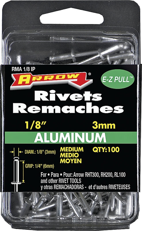 Arrow RMA1/8IP Pop Rivet, Medium, 1/4 in Grip, 1/4 in L, Aluminum, 100/PK