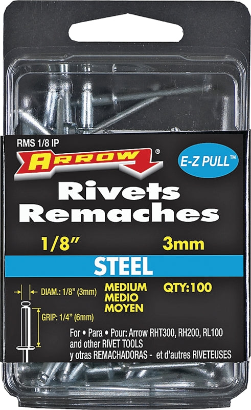 Arrow RMS1/8IP Pop Rivet, Medium, 1/4 in Grip, 1/4 in L, Steel, 100/PK