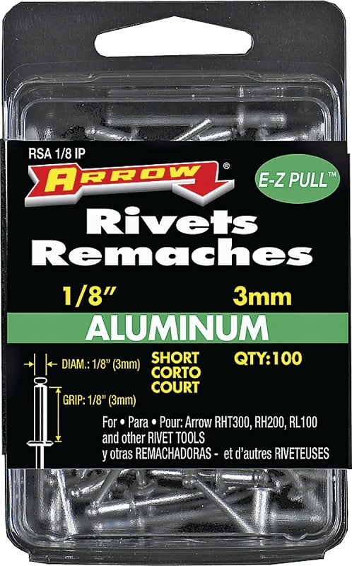 Arrow RSA1/8IP Pop Rivet, Short, 1/8 in Grip, 1/8 in L, Aluminum, Silver, 100/PK