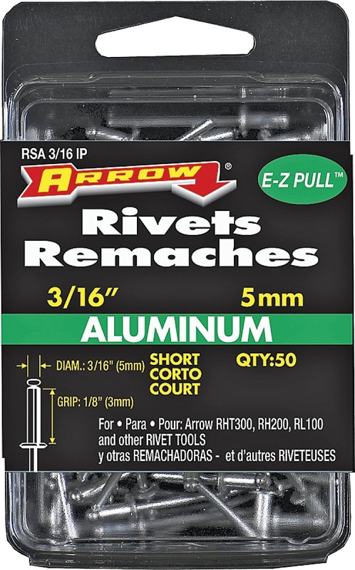 Arrow RSA3/16IP Pop Rivet, Short, 1/8 in Grip, 1/8 in L, Aluminum, Gray, 50/PK