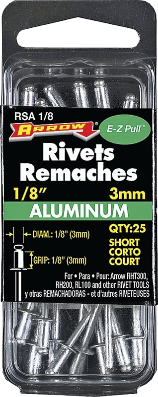 Arrow RSA1/8 Pop Rivet, Short, 1/8 in Grip, 1/8 in L, Aluminum, 25/PK