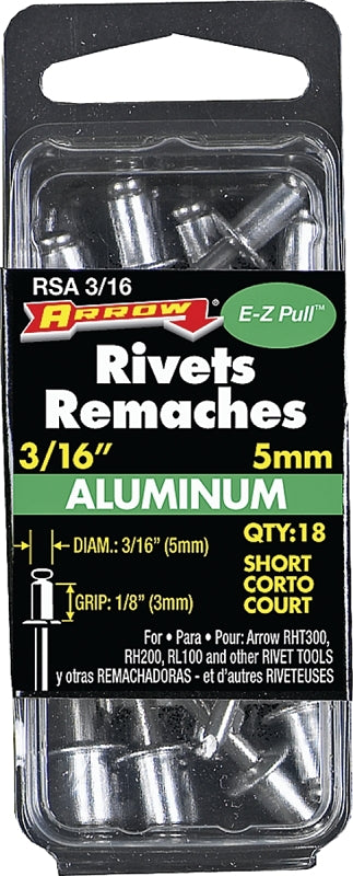 Arrow RSA3/16 Pop Rivet, Short, 1/8 in Grip, 1/8 in L, Aluminum, 18/PK