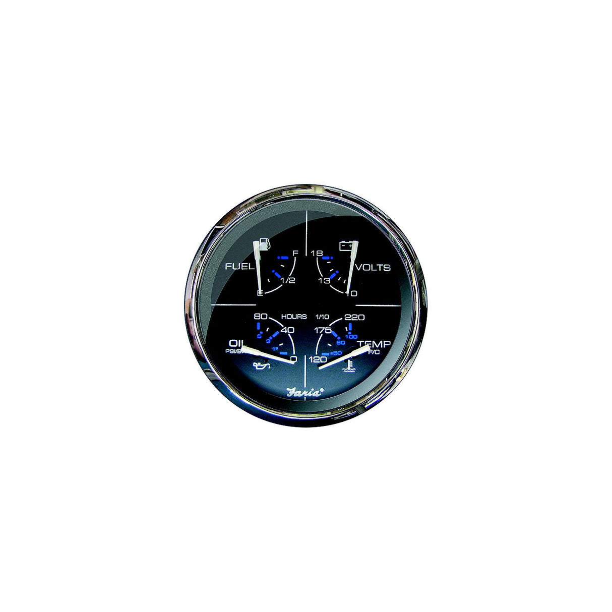 Faria F33762 Chesapeake Black Stainless Steel Multifunction: Fuel Level, Oil psi (80 Psi), Water Temp (120-220 F), Voltmeter (10-18 VDC)