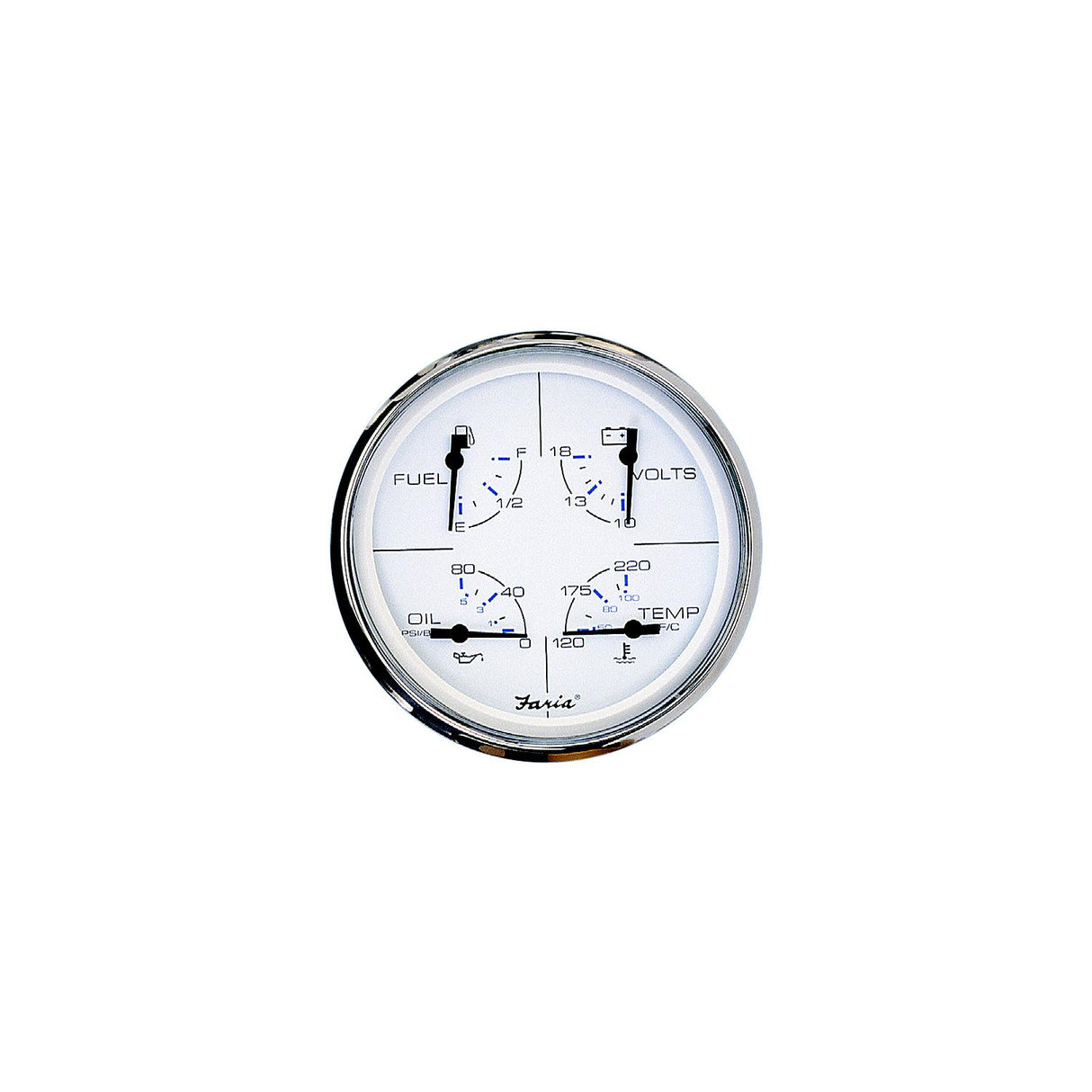 Faria F33864 Chesapeake White Stainless Steel Multifunction Gauge: Fuel Level, Oil psi, Water Temp, Voltmeter